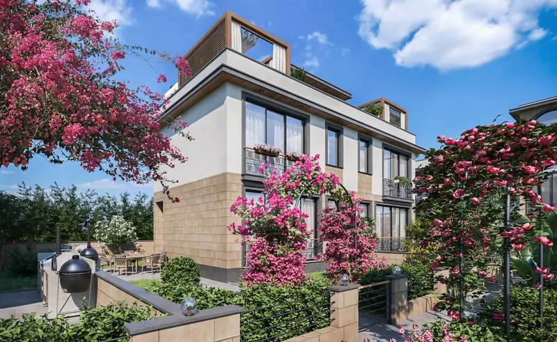 Ground-floor apartment with its private garden, outdoor dining table and barbecue, bougainvillea against the limestone wall