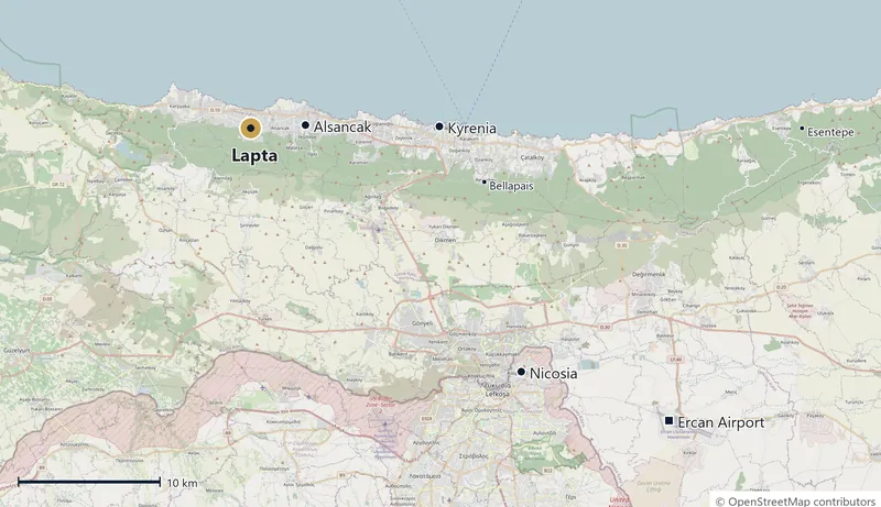 Map of the north coast of Cyprus marking Lapta, with Alsancak, Kyrenia, Bellapais and Esentepe along the coast, and Nicosia and Ercan Airport inland to the south-east