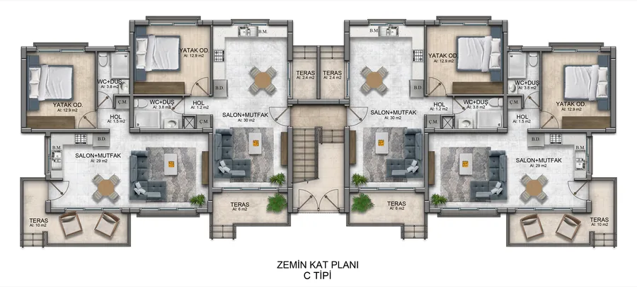 Ground floor plan of Block F showing four 1+1 apartments, each with an open-plan living and kitchen room, a double bedroom, shower room and terrace
