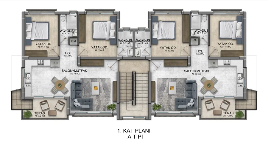 First floor plan, Type A, showing two 2+1 apartments each with an open-plan living and kitchen room, two bedrooms, two shower rooms and a balcony