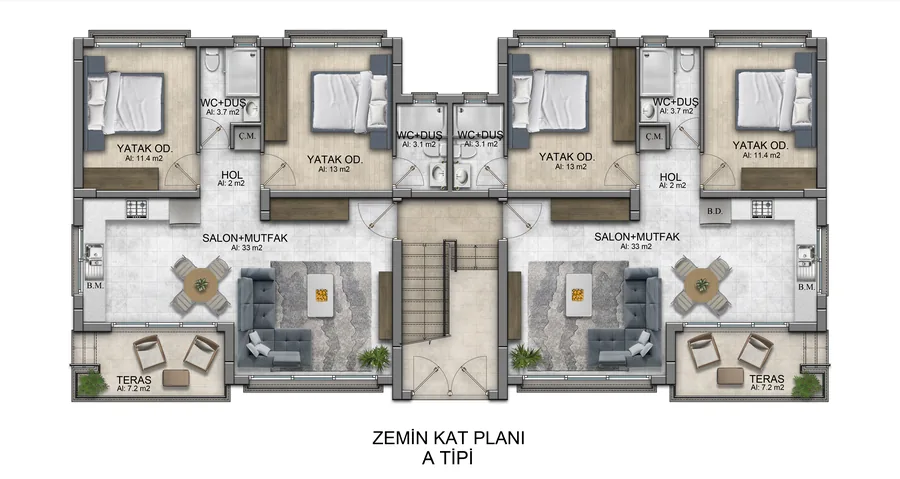 Ground floor plan, Type A, showing two 2+1 apartments each with an open-plan living and kitchen room of 33 square metres, two bedrooms, two shower rooms and a terrace