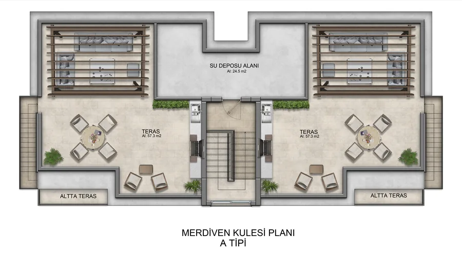 Roof terrace plan, Type A, showing two private terraces of 57.3 square metres each with a pergola, dining table and outdoor sink