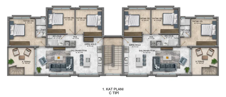 First floor plan of Block F showing the two penthouses, each with three bedrooms, two shower rooms, an open-plan living and kitchen room of 35.2 square metres, entrance hall and balcony