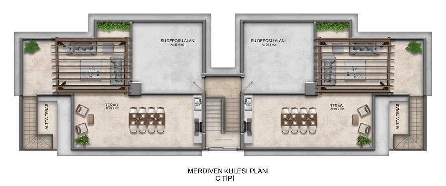 Roof terrace plan of Block F showing two private terraces of 69.2 square metres each with a pergola lounge, a dining table for eight and an outdoor sink