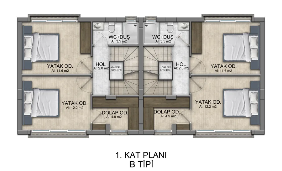 First floor plan, Type B, showing two bedrooms, a shower room, a wardrobe room and the gallery void over the living room