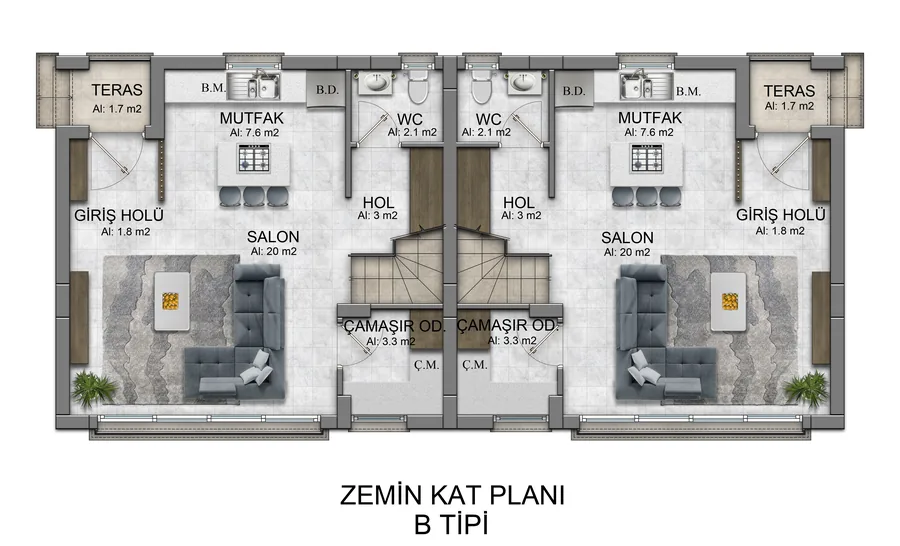 Ground floor plan, Type B, showing the two duplexes each with a living room, separate kitchen, guest WC, laundry room and entrance hall