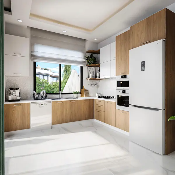 Fitted kitchen with oak and white units, a window over the sink and marble-effect floor tiles